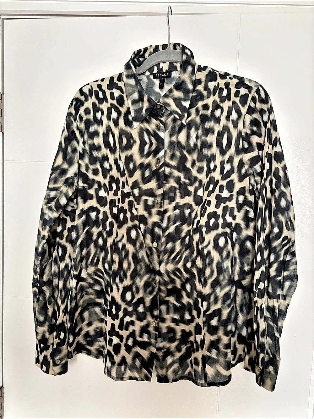 Escada Women's Animal Print Button Down in Black & Gray Size 44